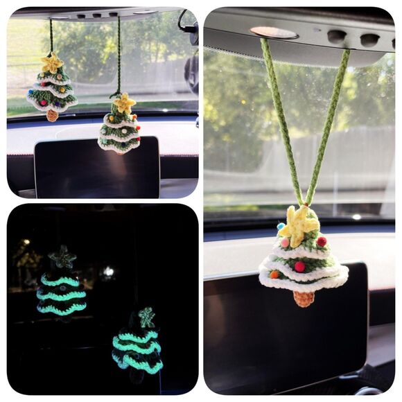 Glow-in-the-dark Christmas tree ornament — crochet car charm, rearview mirror - Picture 1 of 12